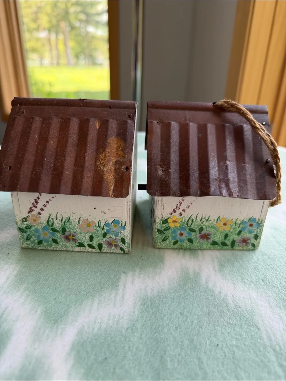 2 Hand-Painted Decorative miniature Birdhouses with Floral Butterflies